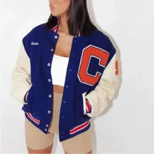 Windbreaker jacket by Stevvex, blue varsity with beige sleeves and orange C patch on Tampa Home & Garden Store