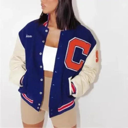Windbreaker jacket by Stevvex, blue varsity with beige sleeves and orange C patch on Tampa Home & Garden Store