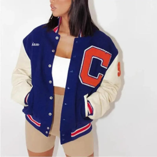 Stevvex blue varsity windbreaker jacket with beige sleeves orange C patch snap buttons cuffs on Tampa Home & Garden Store