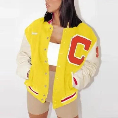 Stevvex windbreaker jacket yellow body beige sleeves with red C patch, casual loose fit on Tampa Home & Garden Store
