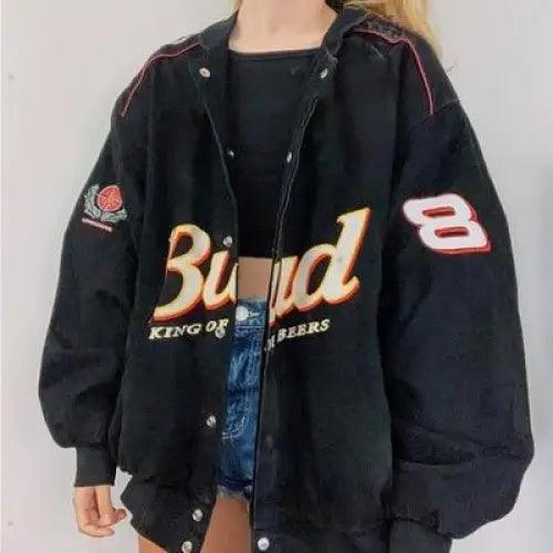 Stevvex black hooded windbreaker with Bud graphic, red piping, sleeve patch, oversized fit on Tampa Home & Garden Store