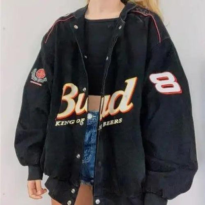 Stevvex black hooded windbreaker with Bud graphic, red piping, sleeve patch, oversized fit on Tampa Home & Garden Store