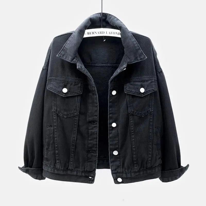 Stevvex women's black denim trucker jacket, plus-size, short cropped with front snaps on Tampa Home & Garden Store