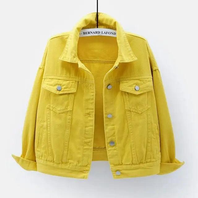 Yellow denim trucker jacket with pockets and relaxed fit Bernard Lafond label visible on Tampa Home & Garden Store