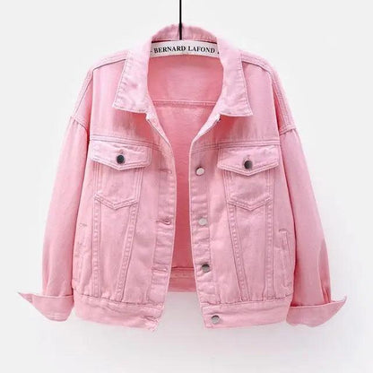 Pink denim trucker jacket for women, short length with button-front and chest pockets on Tampa Home & Garden Store
