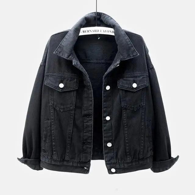 Stevvex women's black denim trucker jacket with button-front, chest pockets, and rolled cuffs on Tampa Home & Garden Store