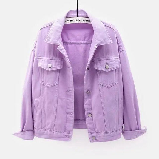 Stevvex purple denim trucker jacket, lavender short coat with buttoned pockets on Tampa Home & Garden Store