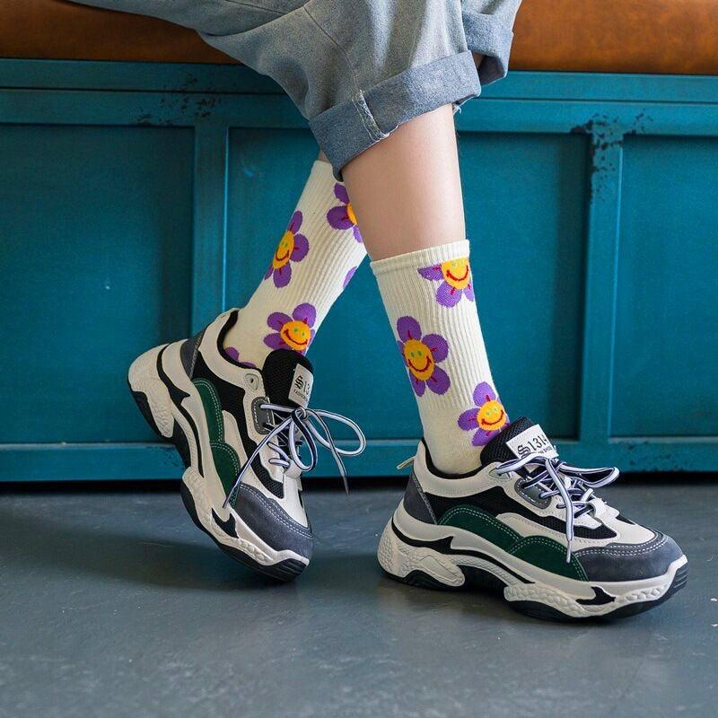 New Style Cartoon Flower Socks Stevvex crew socks white knit with purple flowers breathable on Tampa Home & Garden Store