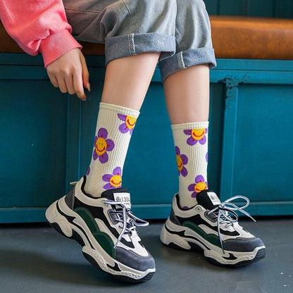 Stevvex crew socks ST12266AYL white with purple flower print and yellow smiley centers on Tampa Home & Garden Store