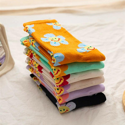 Cartoon Flower Women Socks orange floral print breathable crew socks pastel colors stack on Tampa Home & Garden Store