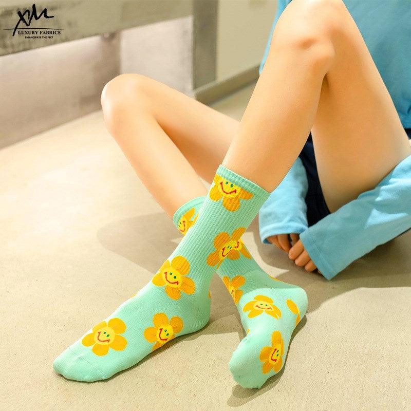 Stevvex a pair of crew socks mint green with yellow flowers breathable kawaii style for women on Tampa Home & Garden Store