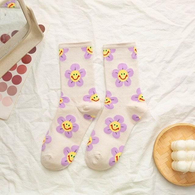 Stevvex crew socks with purple flower print on white, breathable kawaii design, pair on Tampa Home & Garden Store