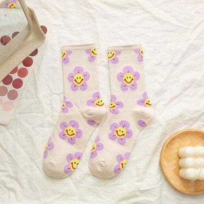 Stevvex crew socks with purple flower print on white, breathable kawaii design, pair on Tampa Home & Garden Store