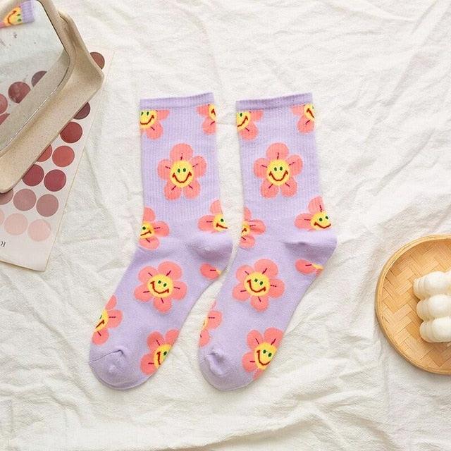 Stevvex lavender crew socks with pink flowers and yellow smiley faces breathable pair on Tampa Home & Garden Store