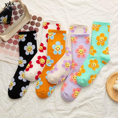 Stevvex cartoon flower women socks crew set of 5 colorful pairs with smiling flower prints on Tampa Home & Garden Store