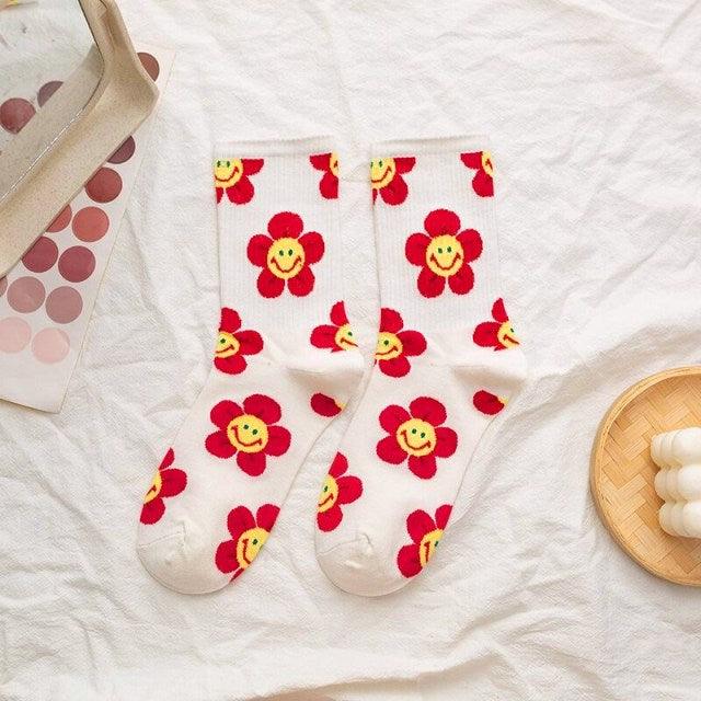Stevvex women's crew socks with red flower and yellow smiley on white background pair on Tampa Home & Garden Store