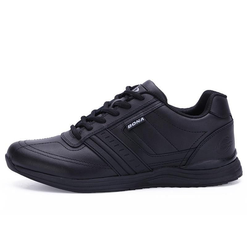 Men's black Stevvex athletic walking shoes with lace-up design and BONA badge on Tampa Home & Garden Store