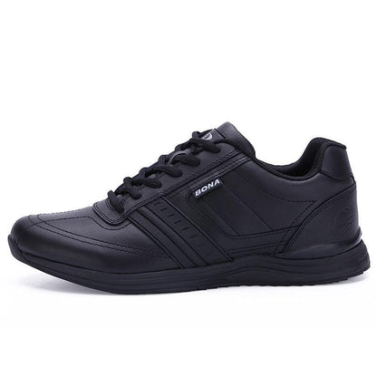 Men's black Stevvex athletic walking shoes with lace-up design and BONA badge on Tampa Home & Garden Store