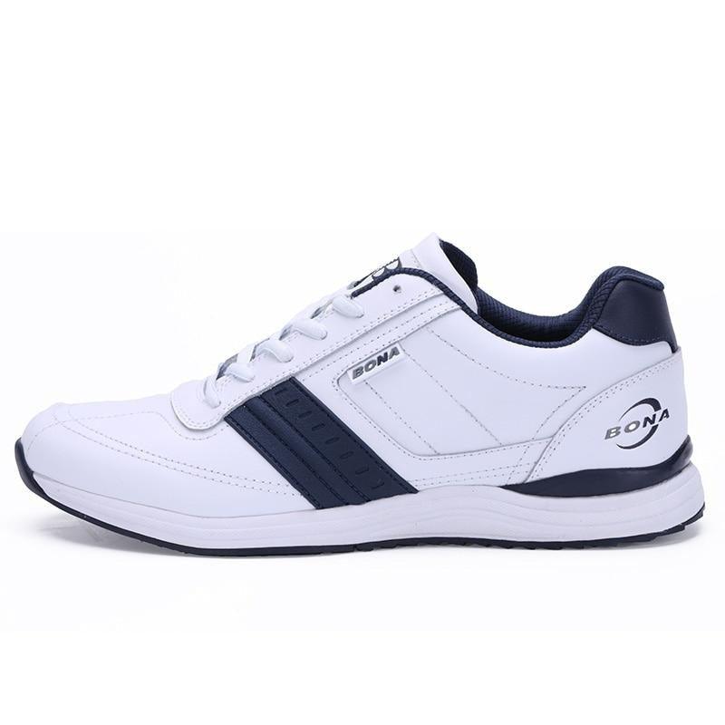 Stevvex men's white athletic walking shoes with navy side stripe lace-up sneakers on Tampa Home & Garden Store