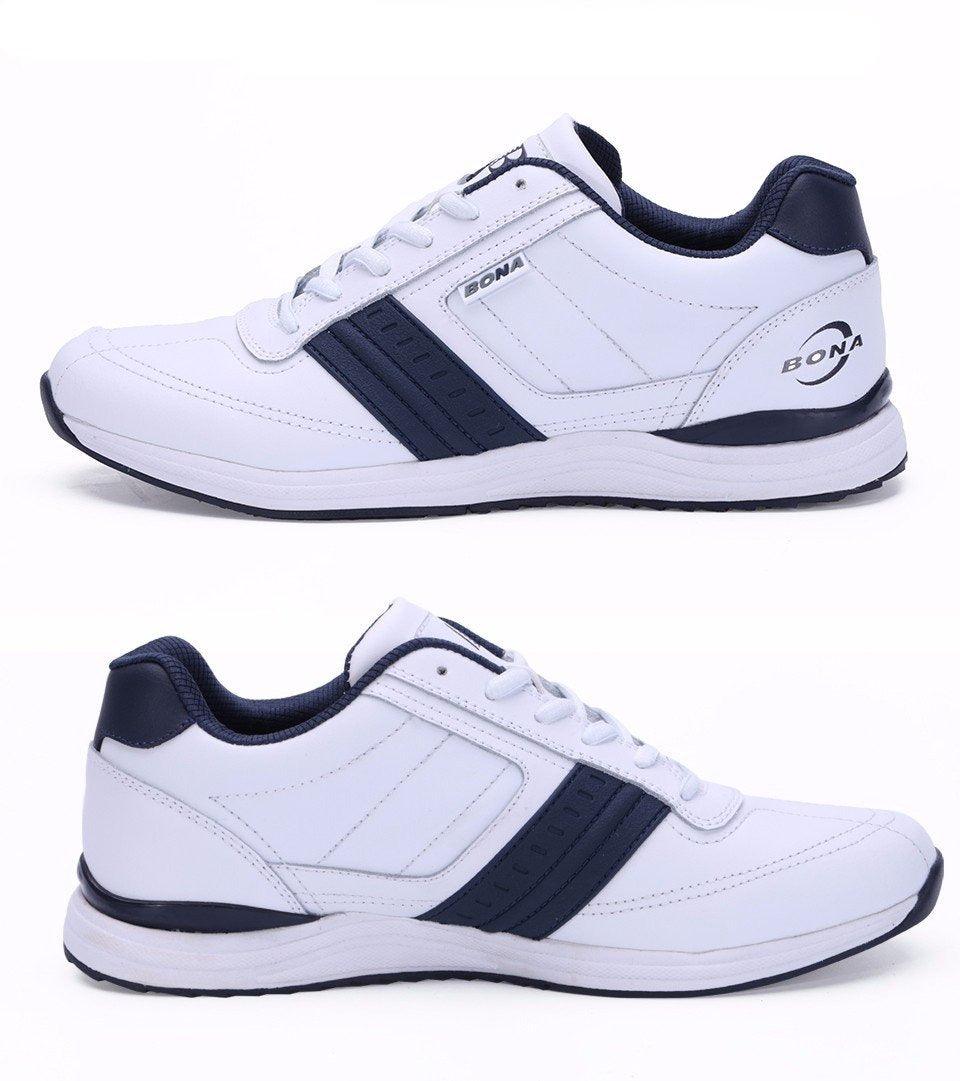 Stevvex men's walking shoes white with navy side stripes, lace-up athletic sneakers on Tampa Home & Garden Store