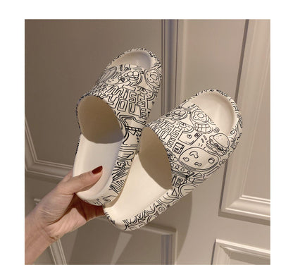Stevvex Soft Eva Light Sandal white EVA slides with black doodle print indoor outdoor slippers on Tampa Home & Garden Store