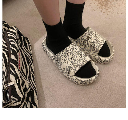Stevvex Soft Eva Light Sandal white with black doodle print indoor/outdoor EVA slides on Tampa Home & Garden Store