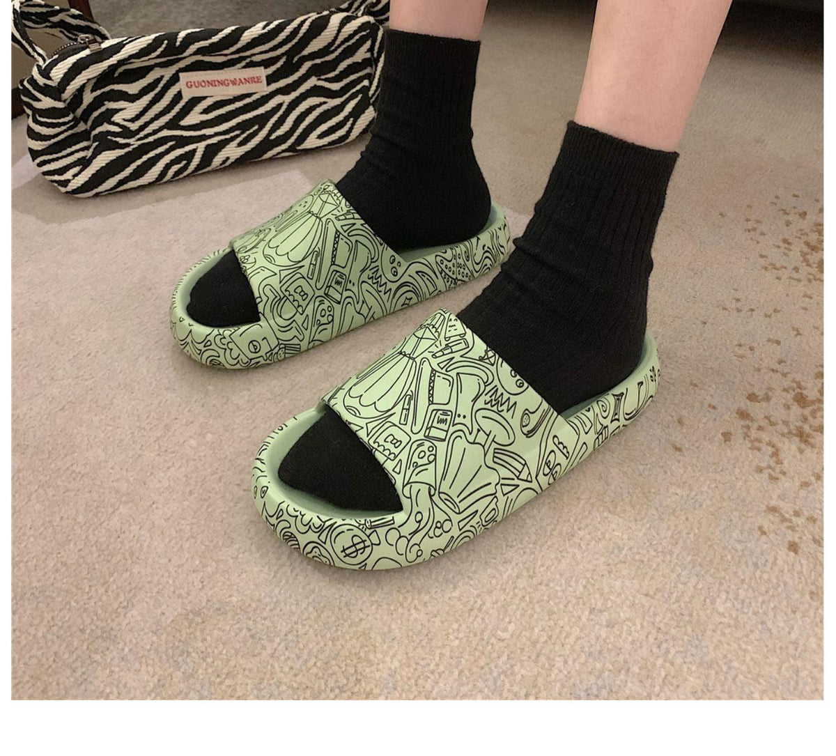 Stevvex Soft Eva Light Sandal for indoor and outdoor wear in mint green with a doodle print on Tampa Home & Garden Store
