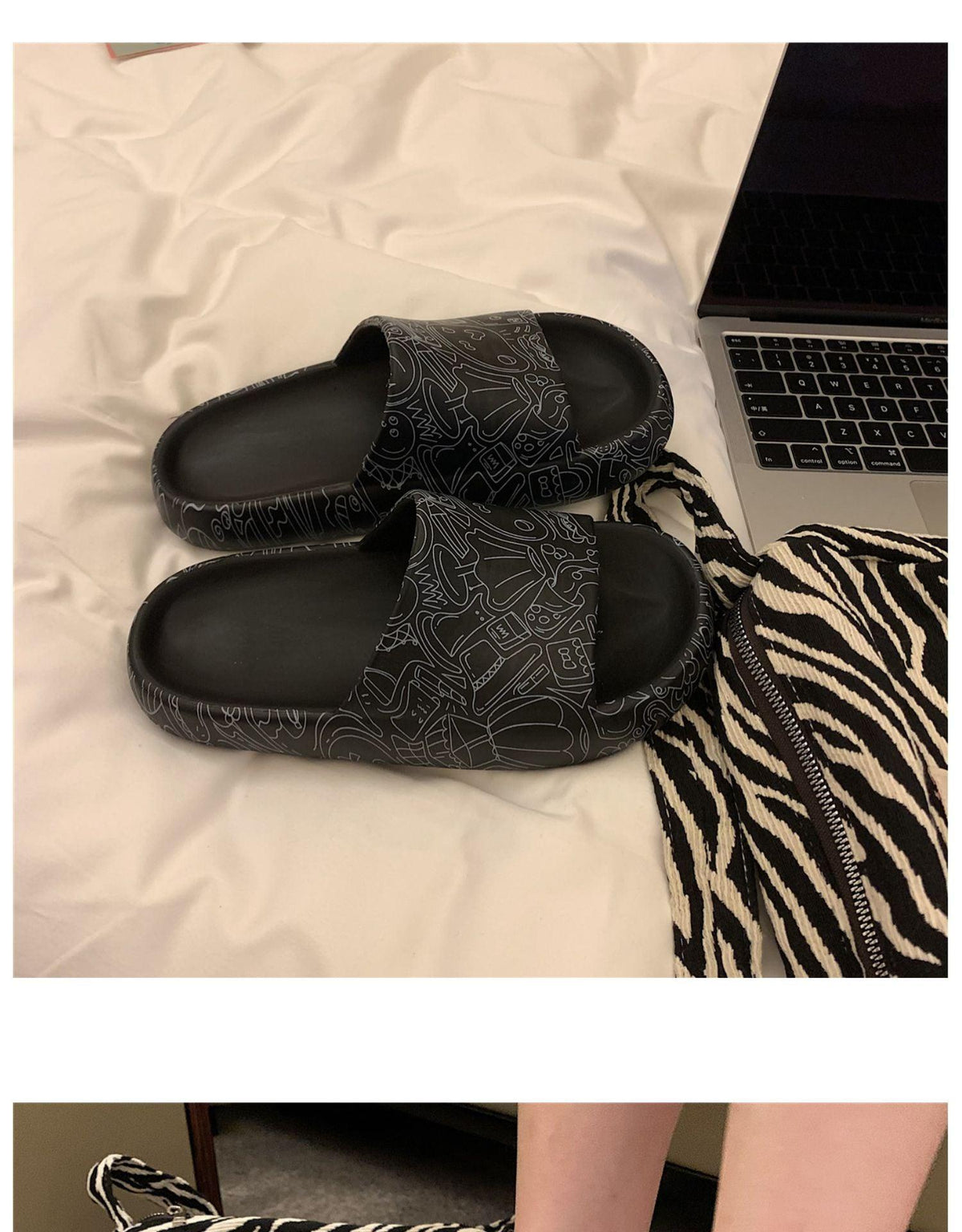 Stevvex Soft Eva Light Sandal pair in black with doodle-pattern straps indoor/outdoor slippers on Tampa Home & Garden Store