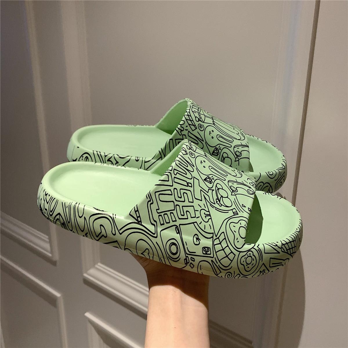 Soft Eva Light Sandal mint green indoor/outdoor slippers (2) with black doodle pattern by Stevvex on Tampa Home & Garden Store