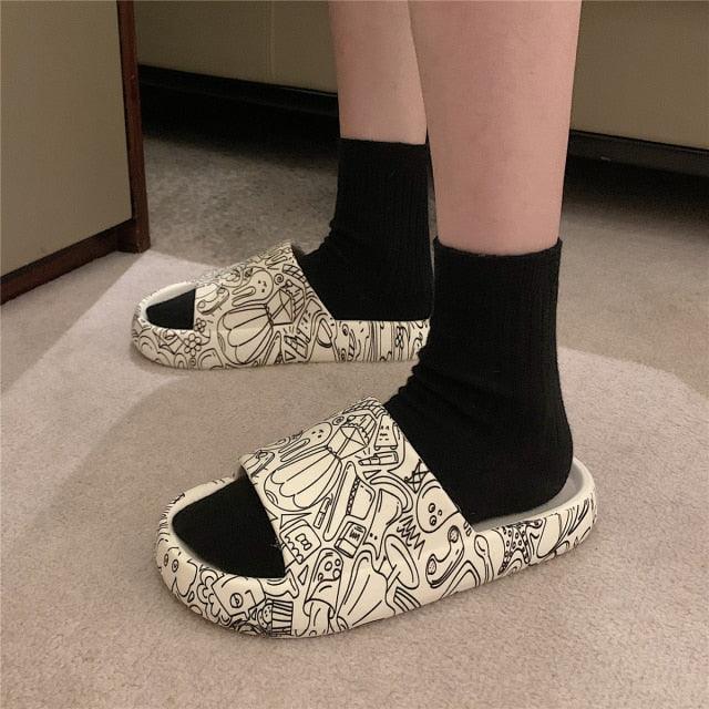 Soft Eva Light Sandal by Stevvex white with black doodle print EVA indoor outdoor slippers on Tampa Home & Garden Store