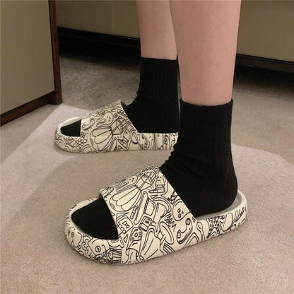 Soft Eva Light Sandal by Stevvex white with black doodle print EVA indoor outdoor slippers on Tampa Home & Garden Store