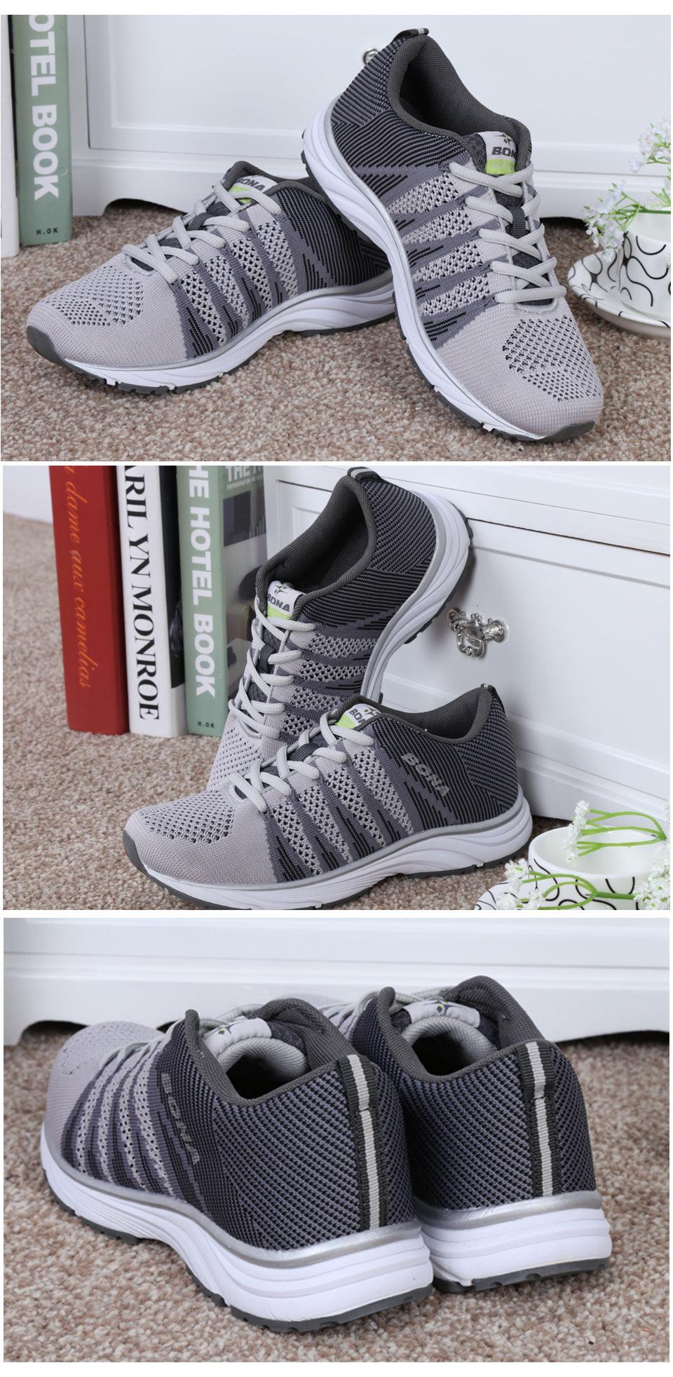 Stevvex athletic running shoes pair in gray mesh with white sole, lightweight breathable on Tampa Home & Garden Store
