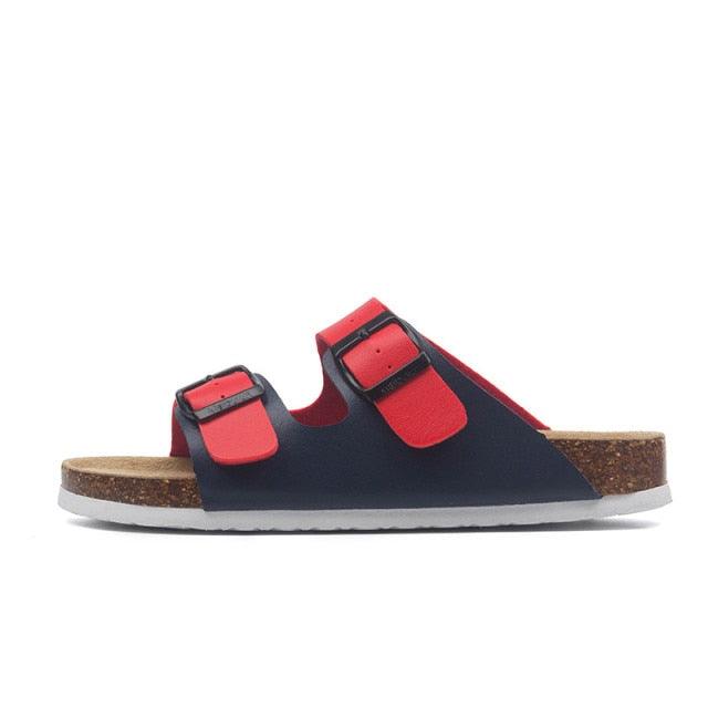Stevvex navy double-buckle beach sandals with red straps, cork footbed, white outsole on Tampa Home & Garden Store