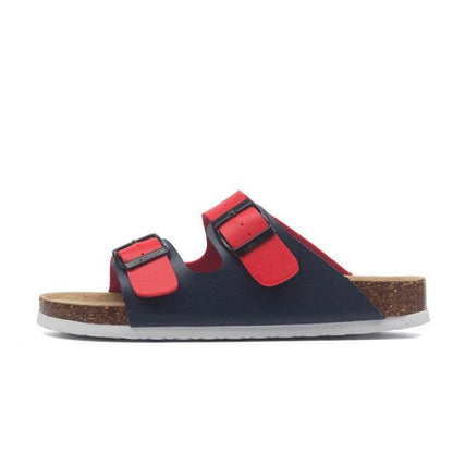 Stevvex navy double-buckle beach sandals with red straps, cork footbed, white outsole on Tampa Home & Garden Store