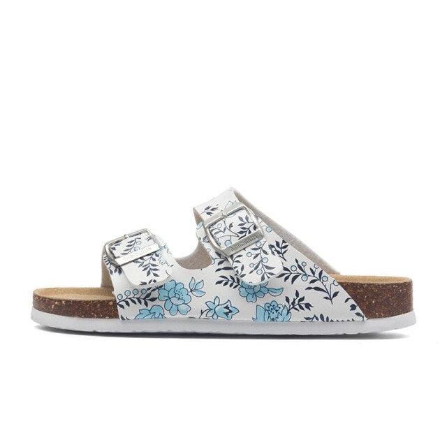 Slippers sandal Stevvex with floral double-buckle straps, white blue pattern, cork footbed on Tampa Home & Garden Store