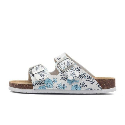 Slippers sandal Stevvex with floral double-buckle straps, white blue pattern, cork footbed on Tampa Home & Garden Store
