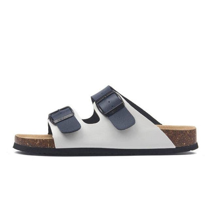 Stevvex women's double-buckle EVA slides with cork footbed, white upper and navy buckles on Tampa Home & Garden Store