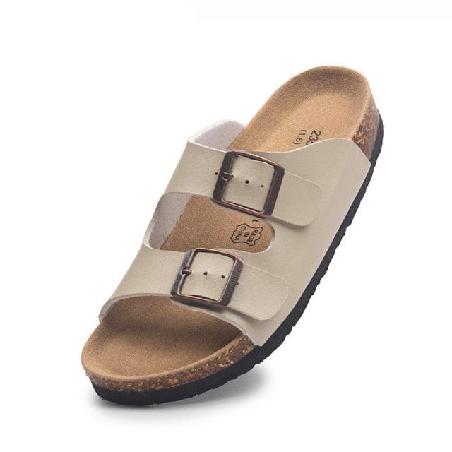 Stevvex women's double-buckle beige slide sandals with cork footbed and non-slip sole on Tampa Home & Garden Store