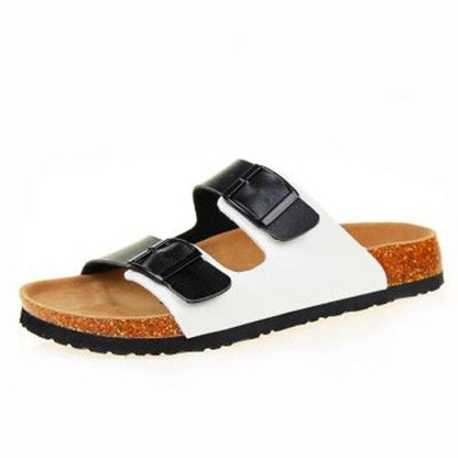 Stevvex women's double-buckle white slip-on sandals with cork footbed and black outsole on Tampa Home & Garden Store