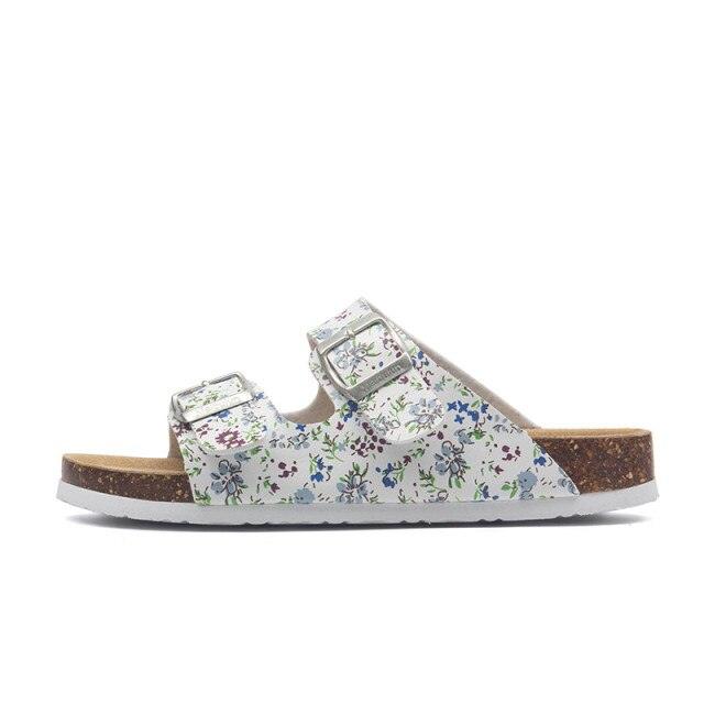 Stevvex women's floral double-buckle slide sandals with cork footbed and white sole on Tampa Home & Garden Store