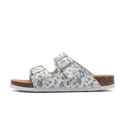 Stevvex women's floral double-buckle slide sandals with cork footbed and white sole on Tampa Home & Garden Store