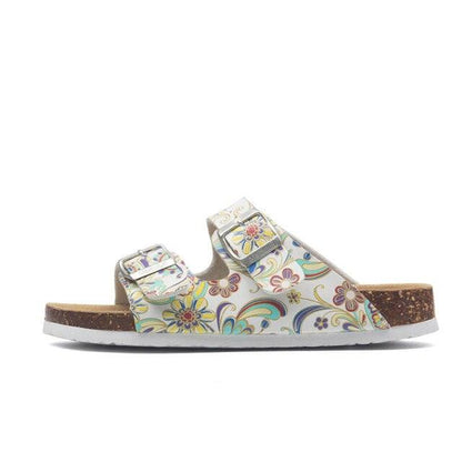 Women's floral double-buckle slide sandal by Stevvex with cork footbed on Tampa Home & Garden Store