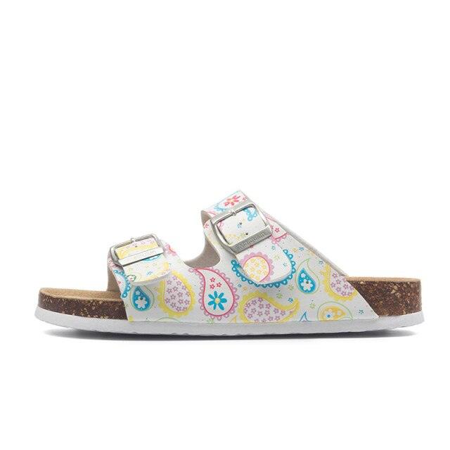 Stevvex women's double-buckle slip-on slippers with white paisley pattern and cork footbed on Tampa Home & Garden Store