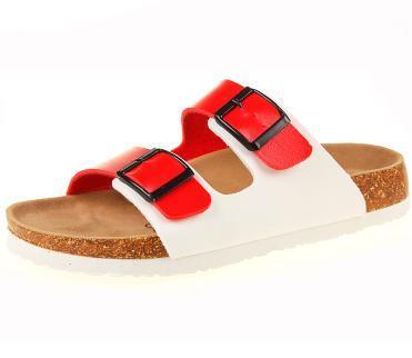 White double-buckle slide sandals with red straps, cork footbed and EVA sole on Tampa Home & Garden Store