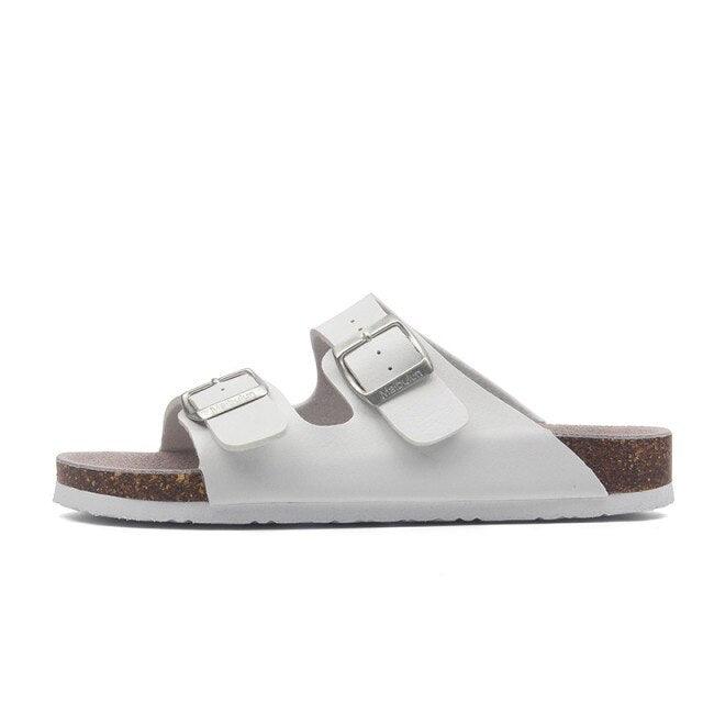 White double-buckle slip-on slippers with cork footbed and EVA sole on Tampa Home & Garden Store