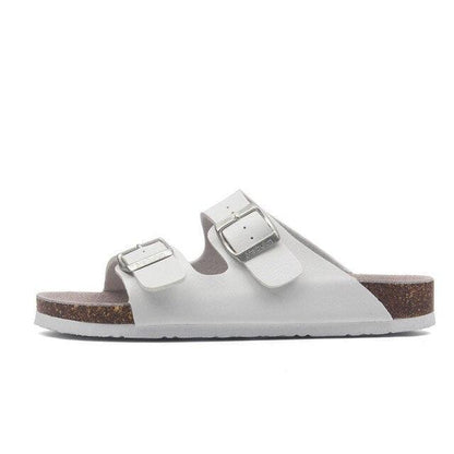 White double-buckle slip-on slippers with cork footbed and EVA sole on Tampa Home & Garden Store