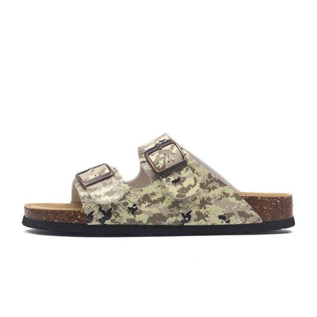 Stevvex women’s camo double-buckle slide sandal with cork footbed and EVA outsole on Tampa Home & Garden Store