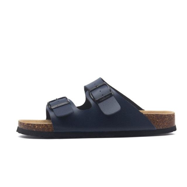 Stevvex navy blue double-buckle slide sandal with cork footbed and EVA sole on Tampa Home & Garden Store