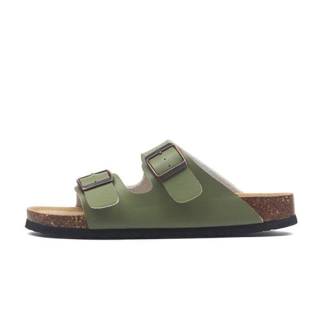 Stevvex women's olive green double-buckle slide sandal with cork footbed and EVA sole on Tampa Home & Garden Store