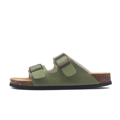 Stevvex women's olive green double-buckle slide sandal with cork footbed and EVA sole on Tampa Home & Garden Store
